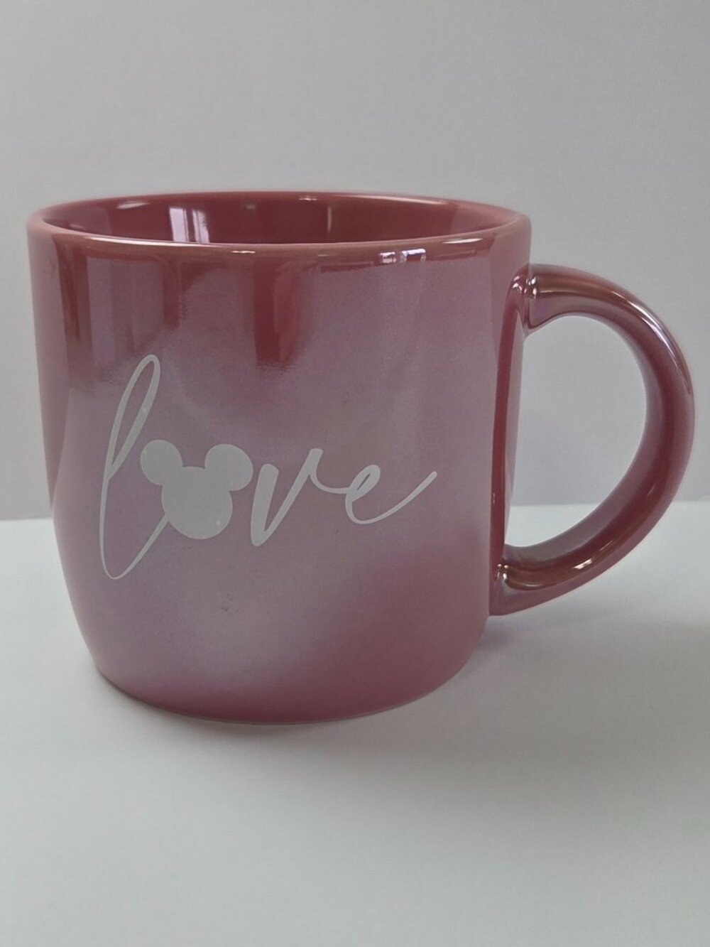 Disney Parks Pearlescent Dusty Rose/Mauve Pink Mickey Mouse LOVE Mug 14 Oz